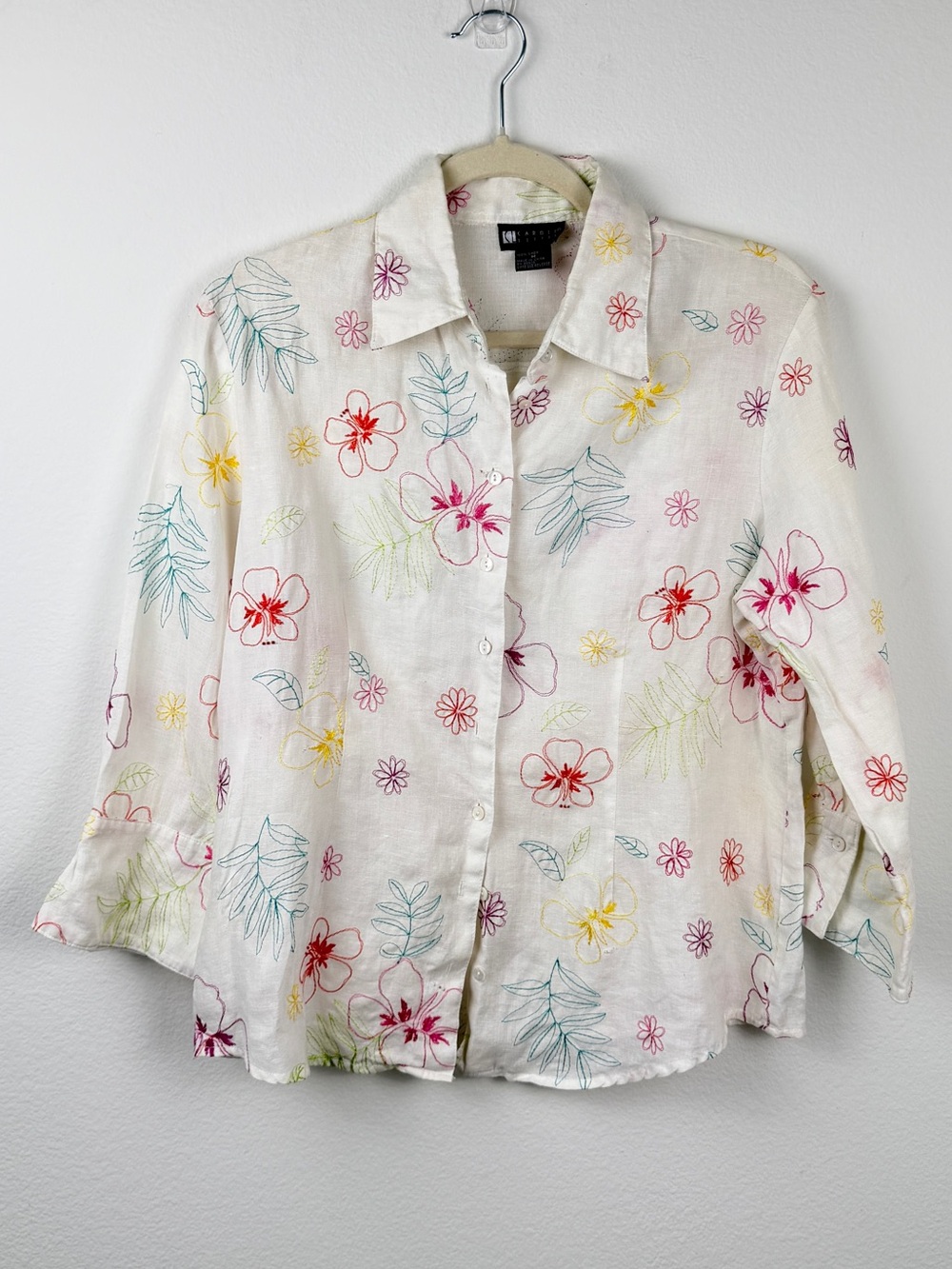 Vintage Carol Little 100% linen floral button up blouse medium cottagecore boho